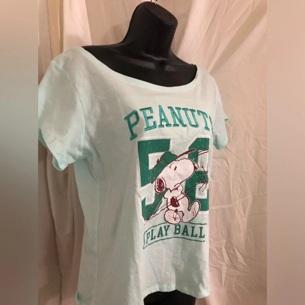 Mint green peanuts 52 play ball embroidered wide neckline cotton t-shirt size M - Picture 2 of 6